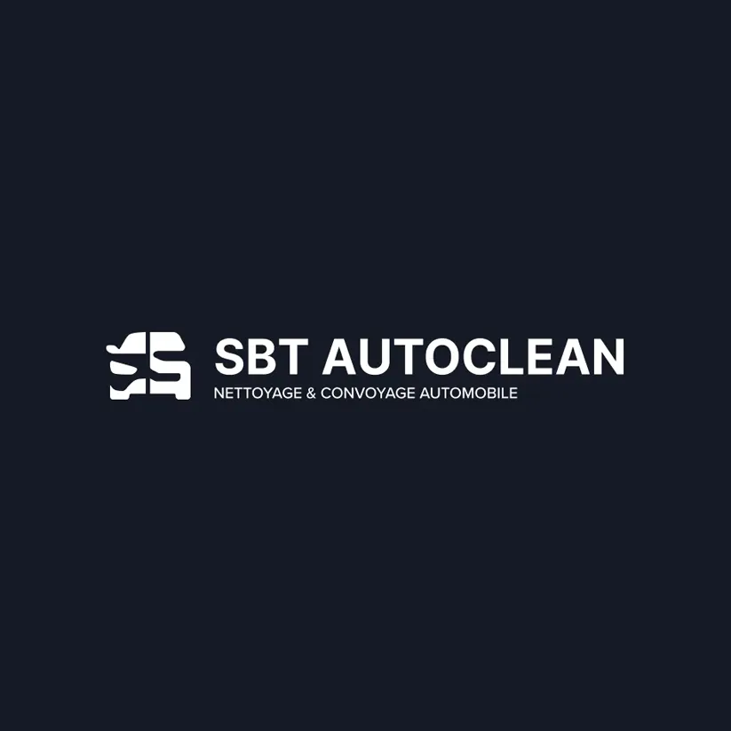 Logo principal SBT Autoclean avec symbole, nom de marque et signature Nettoyage & Convoyage Automobile sur fond sombre.